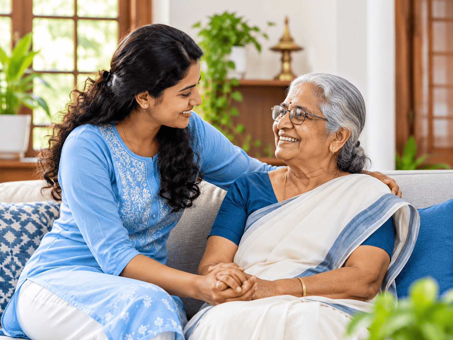 A caregiver offering warm, friendly support to an elder